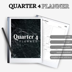 Op de afbeelding: Een digitale planner met een zwarte marmerachtergrond en de tekst "Quarter 4 Planner". De planner is open op een pagina met secties voor doelen, prioriteiten, een tijdlijn en reflectie. De tekst "pdf file", "95 pages", "remarkable", "instant download" en "template made with love" is ook zichtbaar.