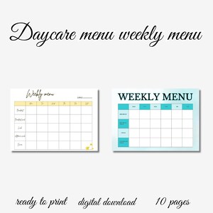 Op de afbeelding: Twee afdrukbare menu sjablonen voor de kinderopvang. De eerste sjabloon heeft een gele achtergrond en de tweede sjabloon heeft een blauwe achtergrond. Beide sjablonen hebben een wekelijks menu rooster met ruimte voor ontbijt, lunch, middagsnack en diner.