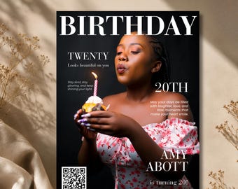 May include: A magazine cover celebrating a 20th birthday. The cover features a woman blowing out a candle on a cupcake. Text includes "BIRTHDAY", "TWENTY", "20TH", "AMY ABOTT", and "is turning 20!"