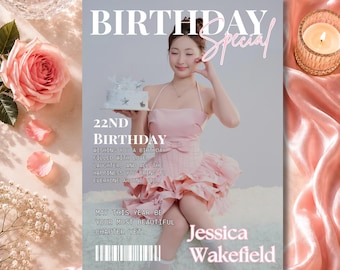 Op de afbeelding: Een magazinecover met de kop "BIRTHDAY Special" toont een vrouw in een roze jurk die een taart vasthoudt. De tekst luidt "22ND BIRTHDAY" en "Jessica Wakefield". De achtergrond omvat een roos en een kaars.