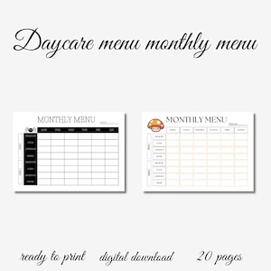 Daycare menu | Monthly menu printable | Preschool menu | Homeschool menu | Daycare forms | Meal planner | Menu template | Childcare menu