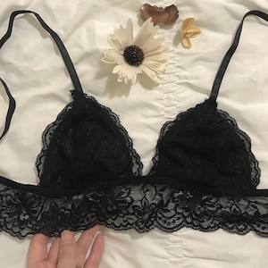 Custom Swarovski Crystal Option Sheer Lace Triangle Lace Bottom Bralette - Floral Lace Top Sheer Lace Scalloped Lace Sexy Lingerie Bra