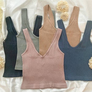 Soft Ribbed Low Back Tank Deep V Neck Brami Tank Top, Soft and Comfortable for Everyday