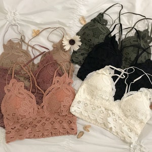 Floral Lace Crochet Bralette Padded Stretchy Smocked Back Bralette Double Strap Adjustable