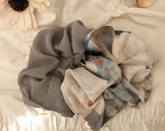 Mod Feminine Neutral Floral Hair Scrunchies | Grey Floral Scrunchie | Hair Ties | Neutral Scrunchies l Hair Accessories