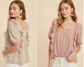 Women's Lovely Square Neck Waffle Knit Top, Ruffle Flutter Detail Puff Sleeve Top