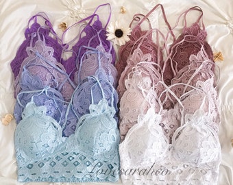 Swarovski Crystal Custom Option Floral Lace Crochet Bralette Padded Stretchy Smocked Back Bralette Double Strap Adjustable