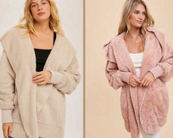 Hooded open front sherpa sweater store