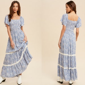 Women's Smocked Square Neck Floral Maxi Dress, Flutter Sleeve and Lace Dress, High end boutique dresses