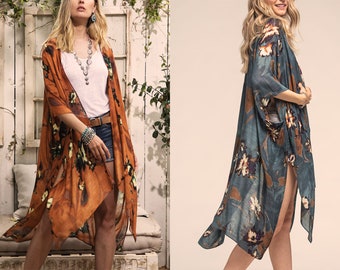 Gorgeous airy floral kimono, Beautiful Multicolor Floral Beach Kimono, Bohemian Beach cover up, Boho Kaftan, Kimono Duster Jacket