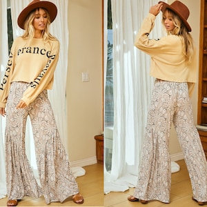 Women&#39;s Floral Print Knit Flounce Hemline Casual Pants, Bohemian Floral Print Pants