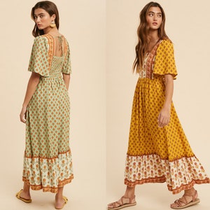 Women&#39;s Smocked Back Bohemian Square Neck Back Tie Floral Maxi Dress, Full Lining, High end boutique dresses
