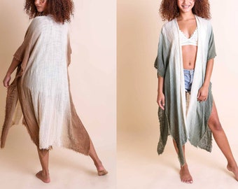 Cotton Beutiful Bohemian Ombre Long Beach Kimono, Bohemian Beach cover up, Boho Kaftan, Kimono Duster Jacket Cardigan