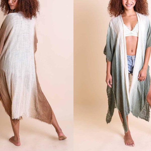 Cotton Beutiful Bohemian Ombre Long Beach Kimono, Bohemian Beach cover up, Boho Kaftan, Kimono Duster Jacket Cardigan