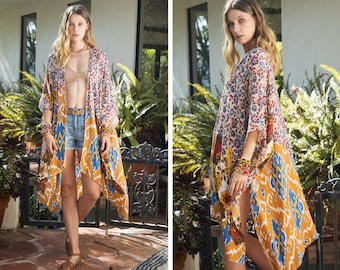 Lightweight Beautiful Floral Beach Kimono, Bohemian Beach cover up, Boho Kaftan, Kimono Duster Jacket