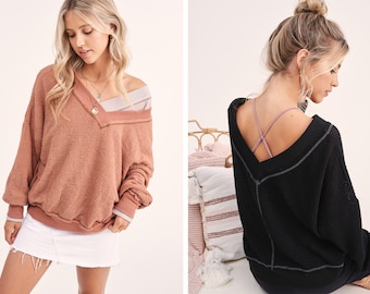 Women's Oversized Waffle Sweater, Drop shoulder flattering look,