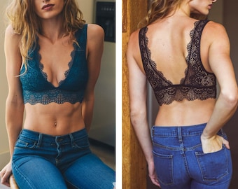 Padded Plunge Deep V Neck Sheer Lace Back Bralette Top