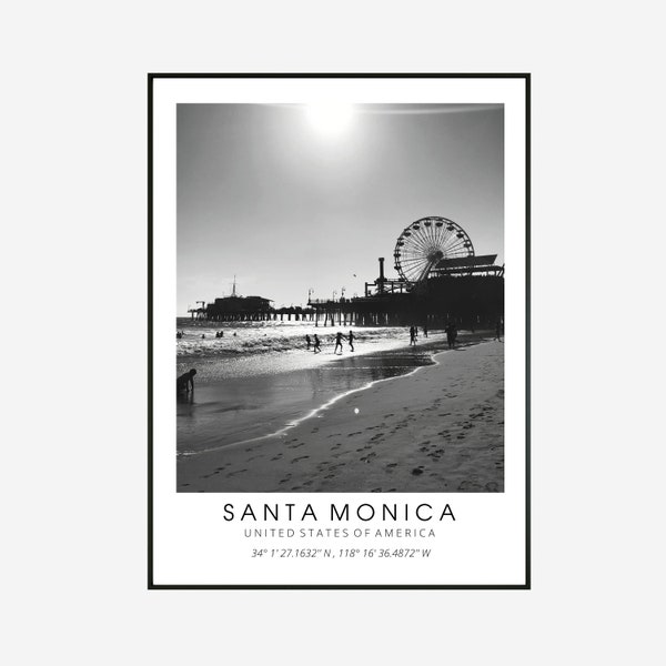 Santa Monica Print schwarz und weiß, Santa Monica Wandkunst, Santa Monica Beach, Santa Monica, Kalifornien, USA, USA, Nordamerika