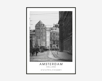 Amsterdam Schwarz weiß Koordinaten Wandkunst-Amsterdam Reisedruck-Holland-Amsterdam Druckbares Poster