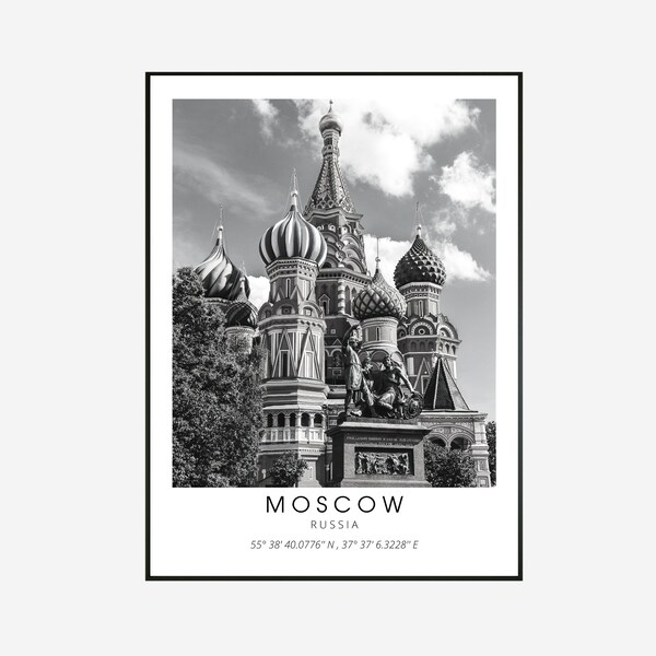 Moscow Printable Art, Moscow Poster, Unique Wallart Decor, Moscow Russia Black and White Coordinates, Russia Wall Art Stylish Unique Design