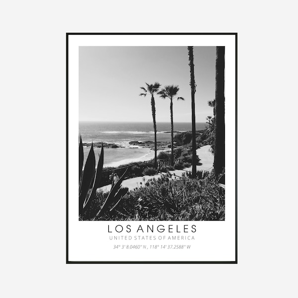 Los Angeles Printable Art, LA Poster, Unieke Wallart Decor, Los Angeles, Los Angeles Zwart-Wit Coördinaten, Verenigde Staten Travel Art