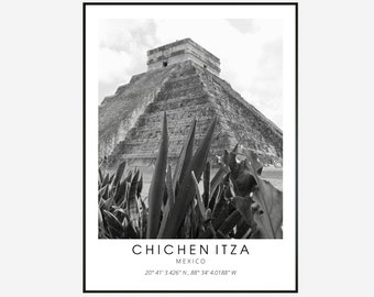 Chichen Itza Wall Art - Black and White Yucatan Mexico Poster - Chichen Itza Travel Print - Minimalist Coorinates Mexico Printable Wall Art