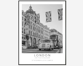 London City Print, London Poster, Unique Wallart Decor, London Skyline, London Black and White Coordinates, Royaume-Uni Travel Art