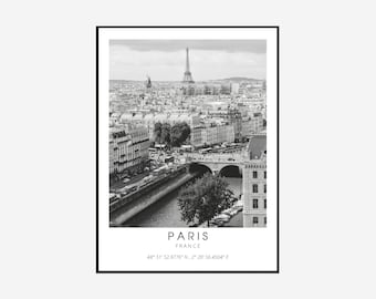 Paris Druckbare Wandkunst-Frankreich ReiseDruck Unikat Wandkunst Dekor, Paris Eiffelturm schwarz weiß Koordinaten, Frankreich Wandkunst Design