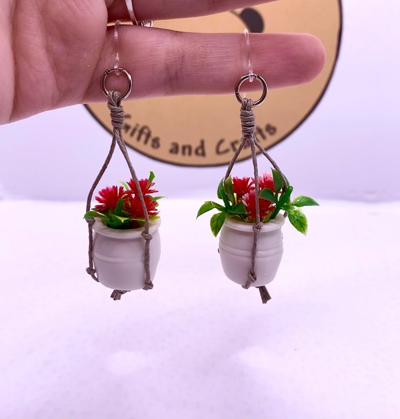 Macrame Plant Dangle Earrings / Fern Flower Chandelier Earrings / Hypoallergenic Hooks / Mini Plant Lovers Jewelry / Handmade Plant Hangers image 2