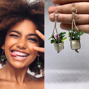 Macrame Plant Dangle Earrings / Fern Flower Chandelier Earrings / Hypoallergenic Hooks / Mini Plant Lovers Jewelry / Handmade Plant Hangers image 1