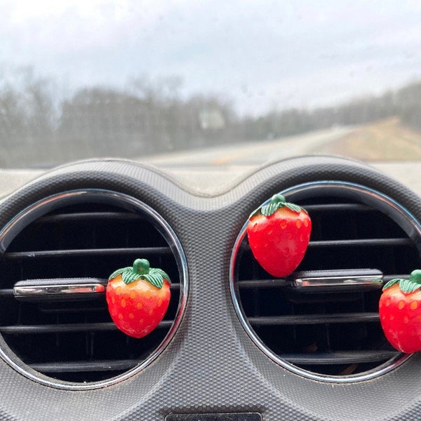 2 Pack Strawberry Car Accessories Air Vent Clips -  Miniature Fruit Car Clip - Clips for Keys Wallet Phone Glasses Mask - Stocking Stuffer