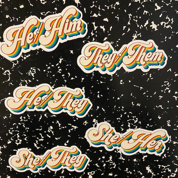 Retro Rainbow Pronoun Stickers Decals She Her He Him They Them