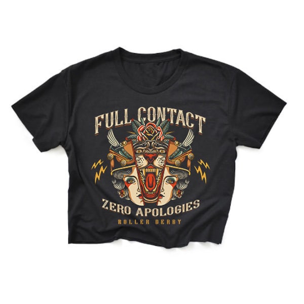 Volledig Contact Nul Excuses Roller Derby Zwart Crop Top T-shirt Skate