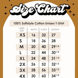 Op de afbeelding: Maattabel voor een unisex t-shirt van zacht katoen. De tabel toont de maten in inches voor breedte, borst en lengte voor maten XS tot 4X.