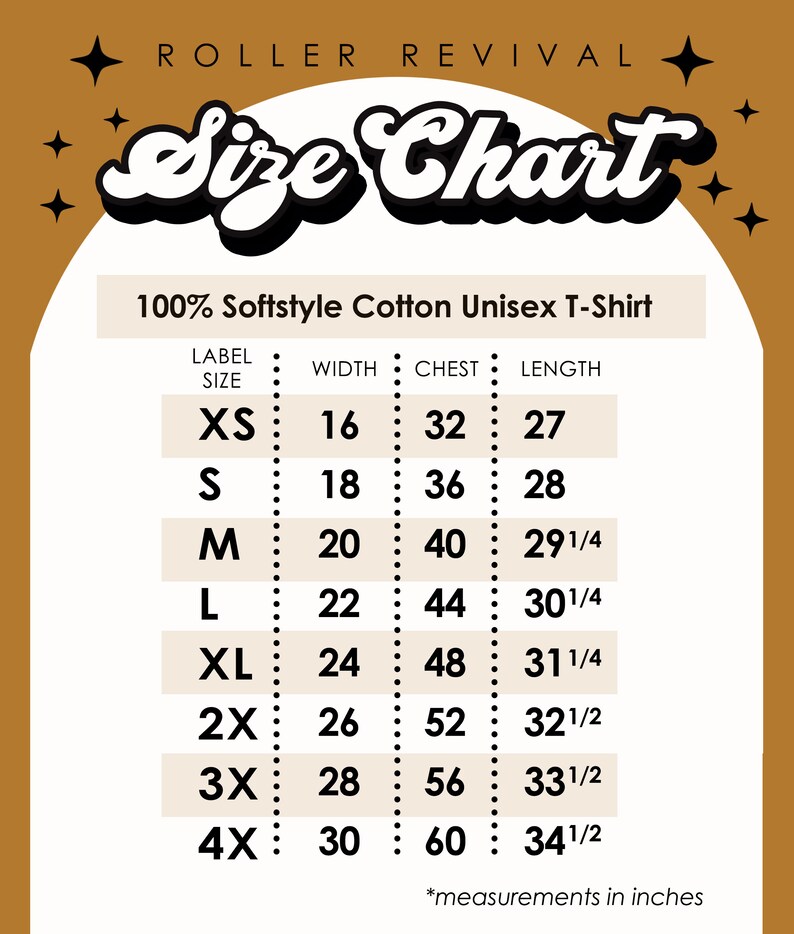 Op de afbeelding: Maattabel voor een unisex t-shirt van zacht katoen. De tabel toont de maten in inches voor breedte, borst en lengte voor maten XS tot 4X.