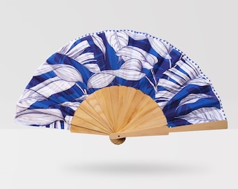 Blue Tropical Leaves Hand Fan: Handmade Cotton Summer Accessory