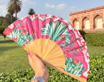 Mughal Garden Fabric Hand Fan, Fuchsia Floral Print, Indian Wedding Favor