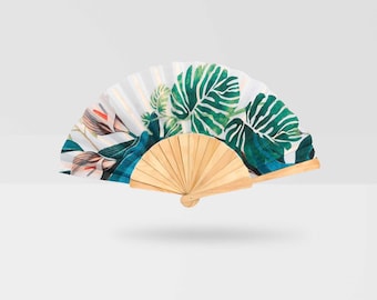 Tropical Leaf Hand Fan: Wood & Cotton Folding Fan, Wedding Favor