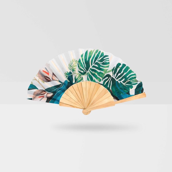 Best Holiday Gift: HAND FAN, Wood & fabric - Tropical Wedding folding fan Favour - Party Event Handheld - souvenir Shower - Gift for her