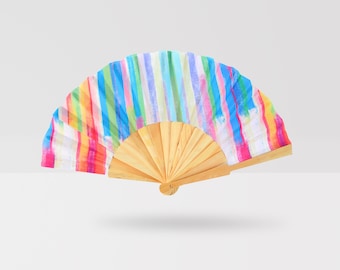 Colorful Handheld Fan: Cotton Fabric & Pinewood Handle