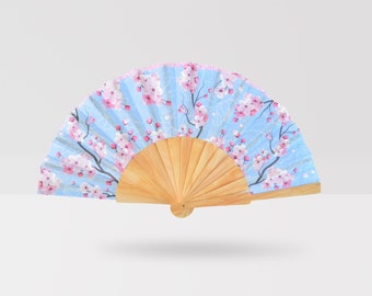 Cherry Blossom Folding Fan: Japanese Floral Cotton Fabric, Wooden Handle Accessory. Ready to gift