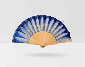 Blue Feather Folding Hand Fan – Elegant Feather Design, Lightweight Portable Fan, Lovely Gift for Holidays, Weddings & Travel