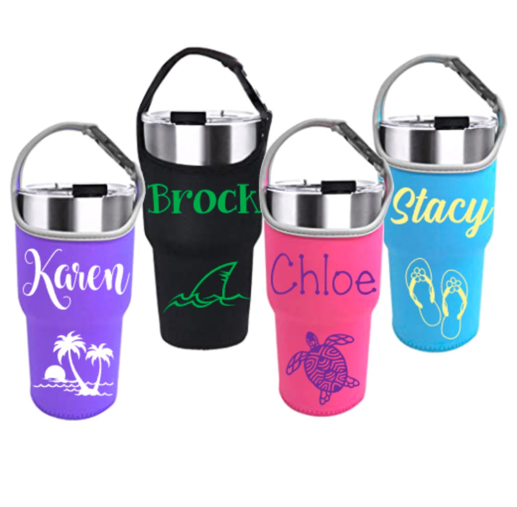 Tumbler Koozie with handle and removable strap personalized Etsy