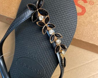 Havaianas Flip Flops Slim Black Crystal Flower trail 100% Rubber Havaianas