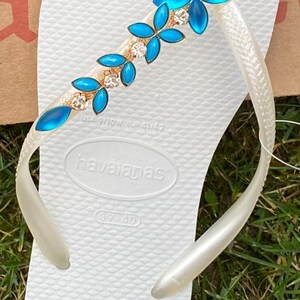 Havaianas WHITE Flip Flops Crystal Flower Colours charm Customised Light Blue