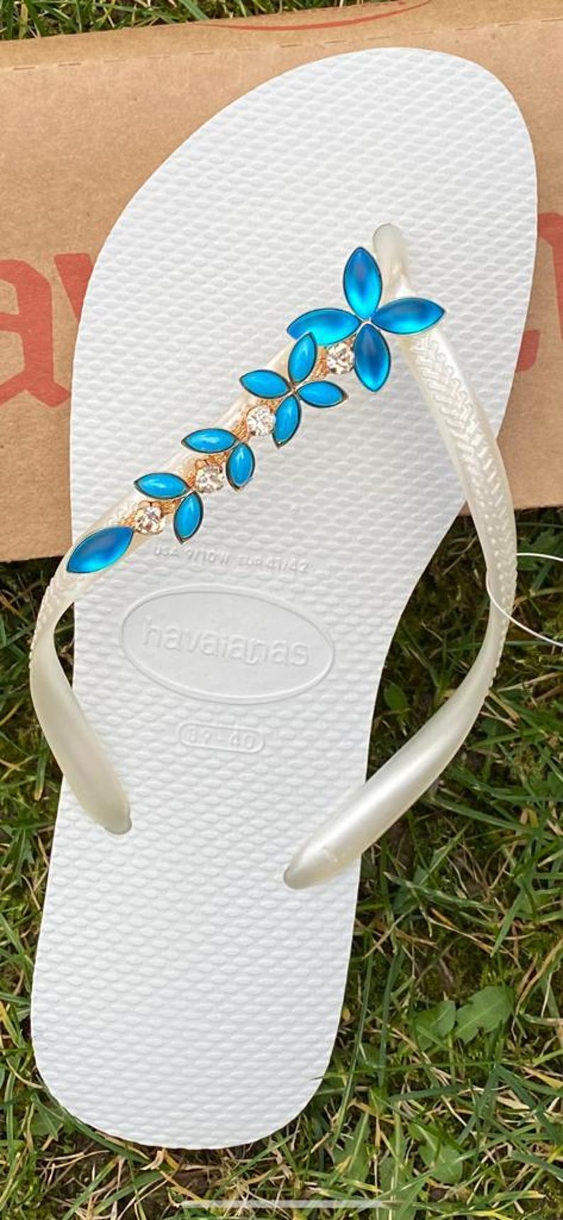 Havaianas WHITE Flip Flops Crystal Flower Colours charm Customised Light Blue