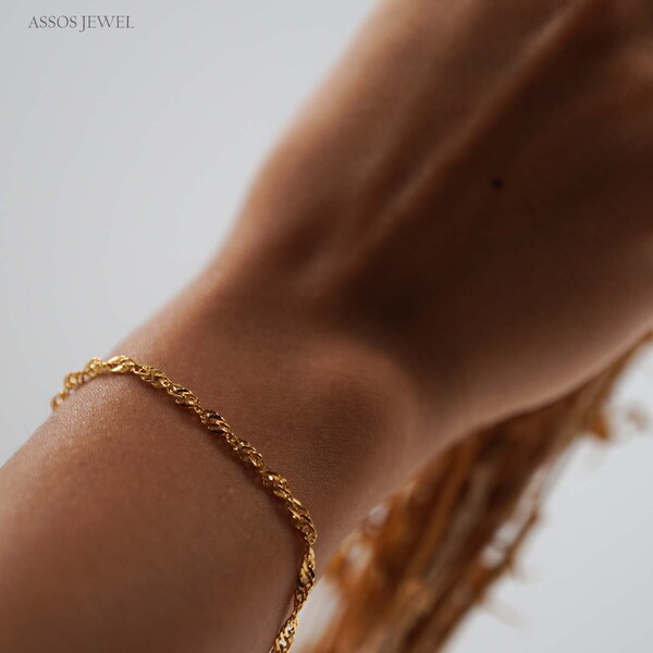 Gold Bracelet, Singapore Chain Bracelet, Gold Singapore Anklet, Twisted Chain Anklet, 14K Gold Chain Bracelet, Bracelets