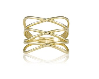 Gold Ring, Gold Crossover Ring, Knuckle Ring, Modern Design Ring, Stacking Solid Gold Ring, Midi Thumb Ring, Design Rings