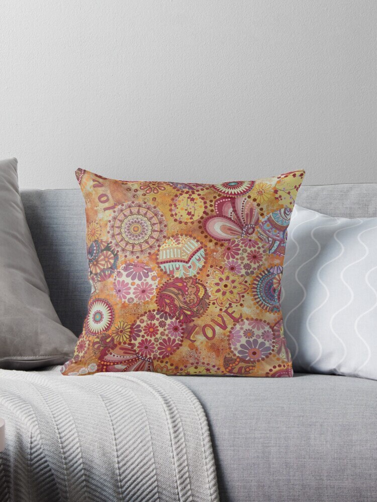 Coussin Mandala Love Fleurs Orange Rouge
