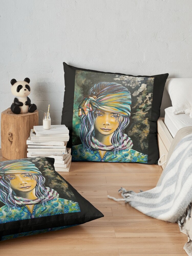 Coussin avec Portrait Coloré de Femme